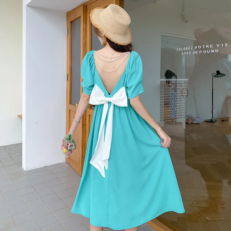 

Sexy Back Deep V-neck Midi Dress For Women Summer Party Festival French Romantic A-line Dress With Bowknot Robe Femme
