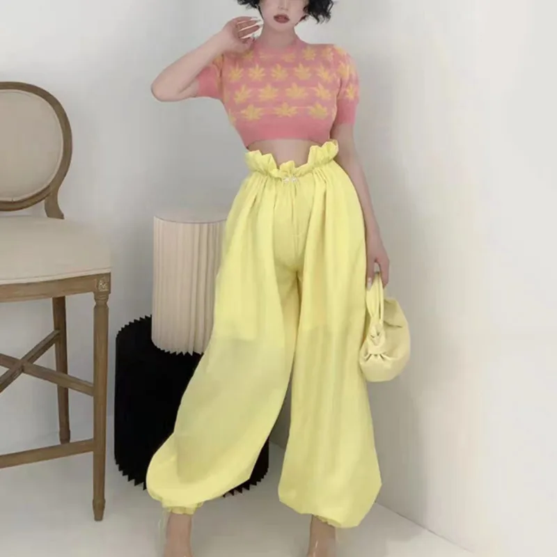 

DEAT 2021 New Spring Autumn Fashion Casual Short Sleeve Top Pleated High Waist Elastic Lantern Pants Two Piece Set Women SL569
