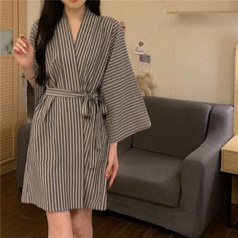 QWEEK Striped Robe Japanese Style Women's Nightwear Autumn Kimono Brief Dressing Gown Long Sleeve Bathrobe Female Sleepwear