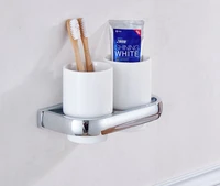polished chrome brass hotel bathroom wall mount double ceramic cups toothbrush holder 2ba836