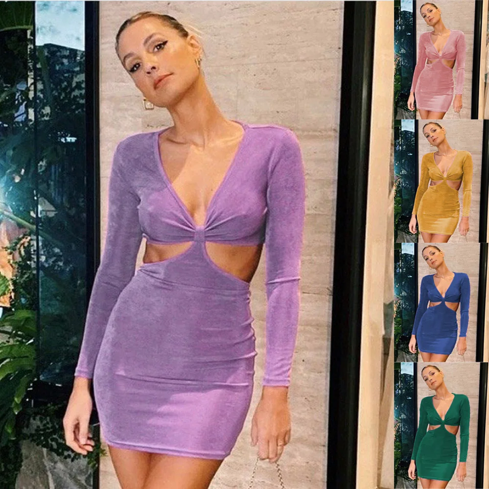 

Cut Out Long Sleeve Bodycon Dress Women Backless Bandage Mini Dresses 2021 Sexy Short Party Dress Orange Purple Black Plus Size