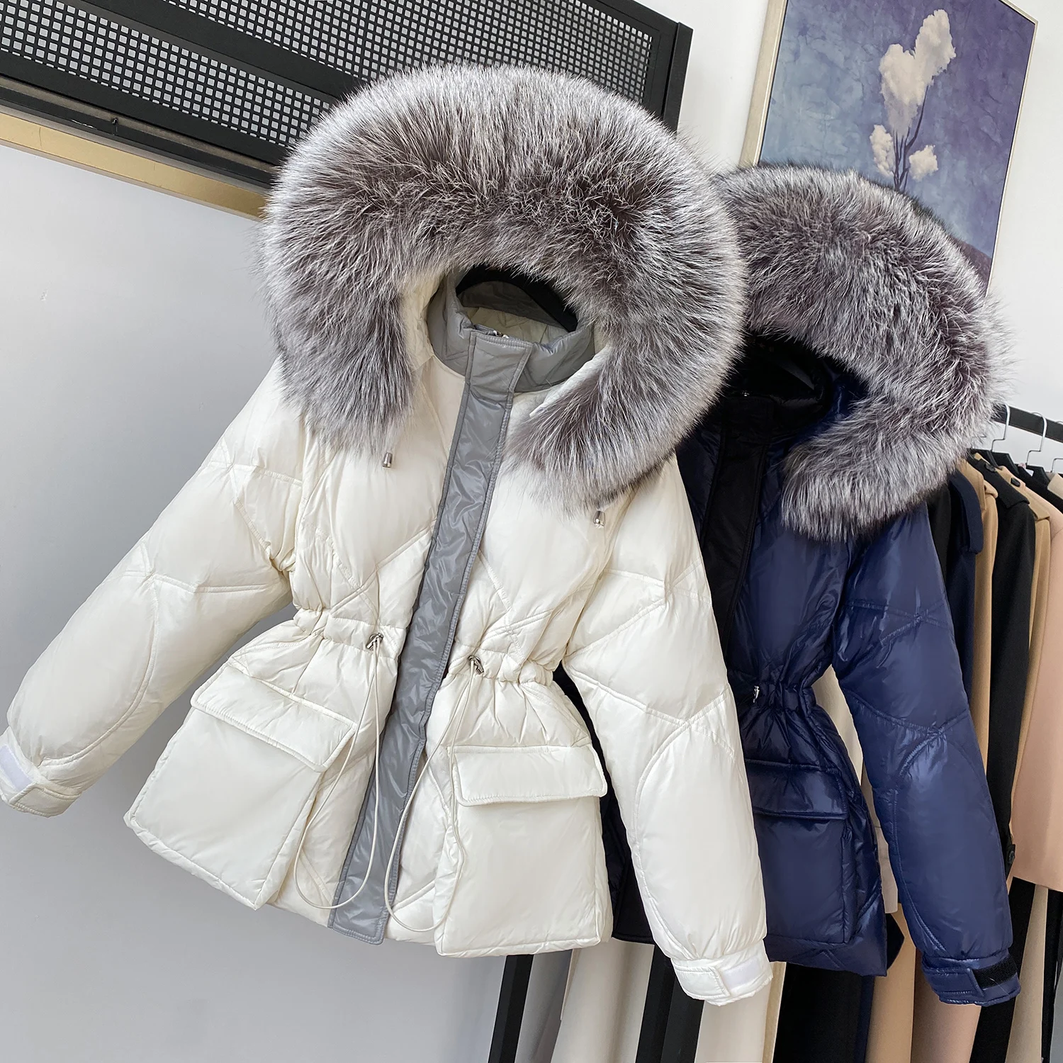 

2021 Winter Down Coat Women Waterproof Loose Casual 90% Duck Down Jacket Female Parkas Real Silver Fox Fur Hooded Overcoat