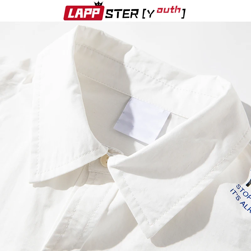 LAPPSTER Men Solid Korean Shirts 2020 Mens Pockets White Streetwear Long Sleeve Male Dress Regular Fit Clothing | Мужская одежда