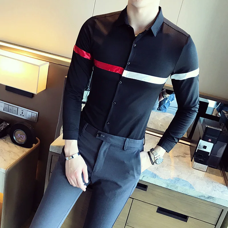 

White Mens Striped Shirt Long Sleeve Large Size Shirt Men Fashion Slim Shirts Black Wedding Party Top 5xl Spring & Autumn Camisa