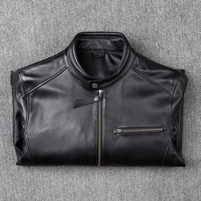 

2021 Black Motorcycle Style Genuine Leather Jacket Men Plus Size 3XL Real Natural Cowhide Slim Fit Spring Thin Biker Coat