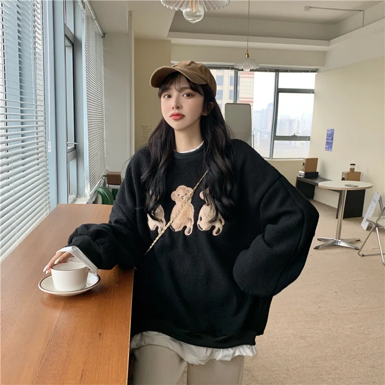 Модная утолщенная овечья шерсть с вышивкой медведя | Женская одежда