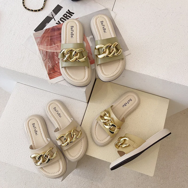 

Shoes Low Ladies' Slippers Rivet Slipers Women Soft Flat 2021 Metal Decoration Basic PU Slides Concise Shoes Woman's Slippers Sl