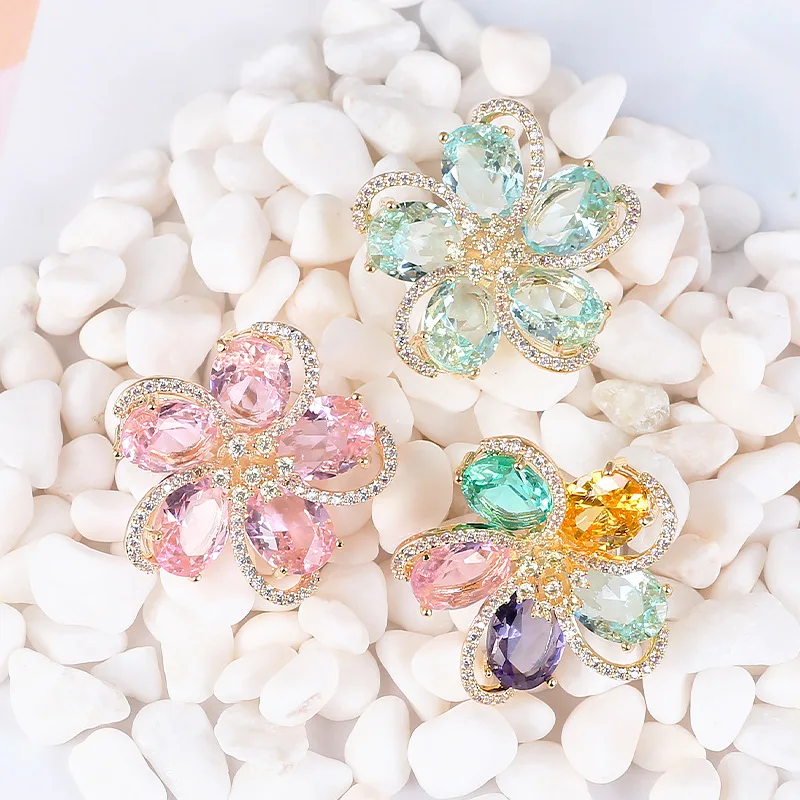 

Luxury Flower Earring for Women Full Mirco Paved Colorful Cubic Zircon Crystal Big Stud Earrings Ladies Unique Earing Jewelry