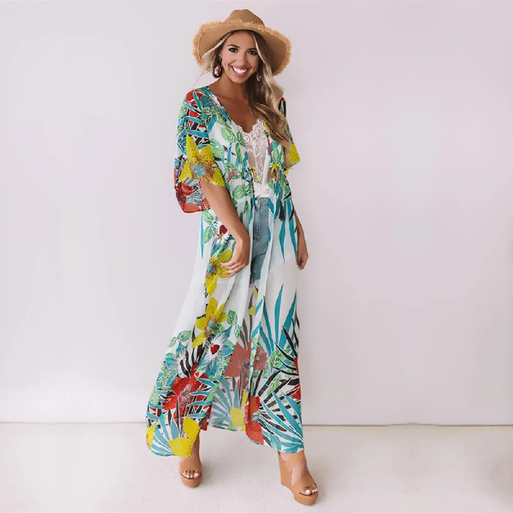 2021 накидки для бикини зеленое богемное летнее платье с принтом белая хлопковая