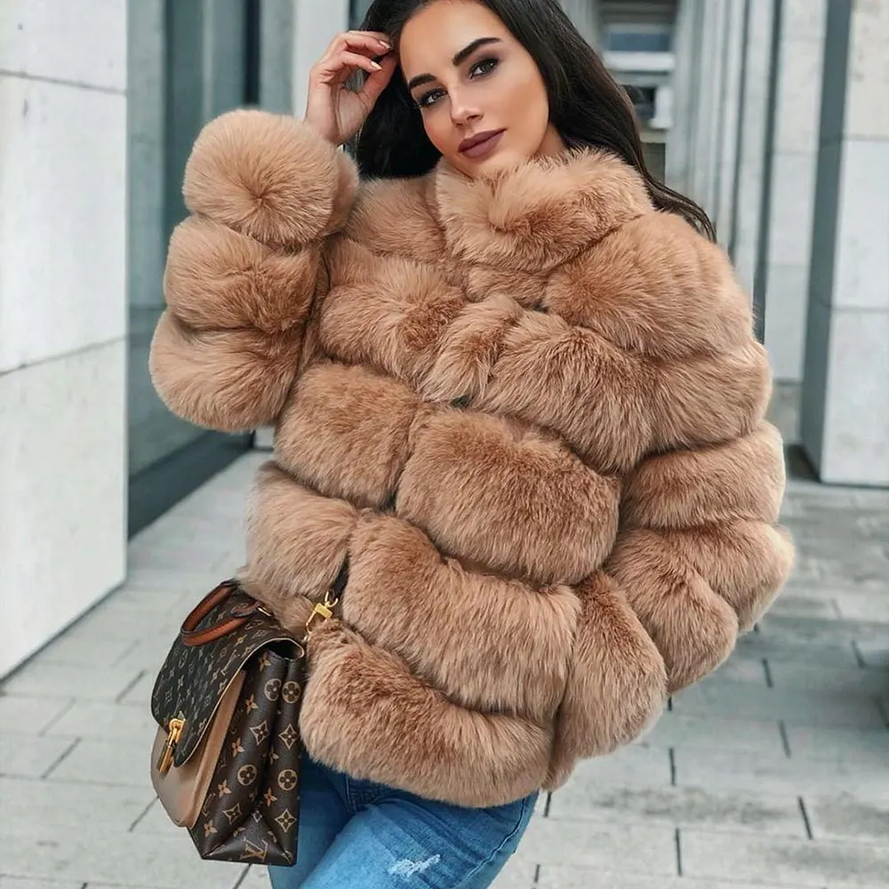 brown 60 60 см новая теплая шуба из натурального Лисьего меха женская зимняя Толстая Шуба из натурального Лисьего меха Меховая куртка верхняя одежда женский Дамский стоячий воротник жакет из меха - Цвет: brown 60