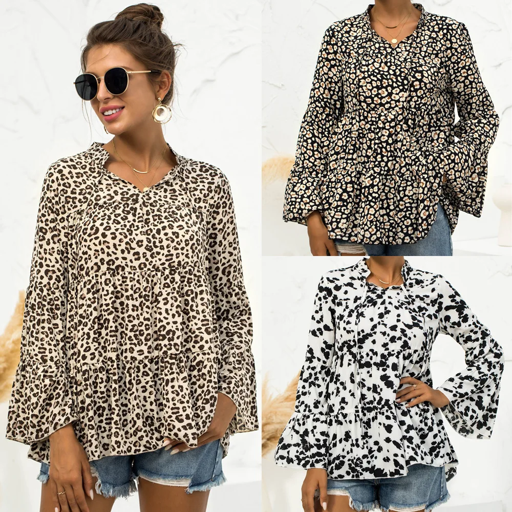 

2021 Fashion Hot Sale Leopard Print V-Neck Lace Flare Sleeve Loose Casual Top tops for women full sleeves oversized t shirt
