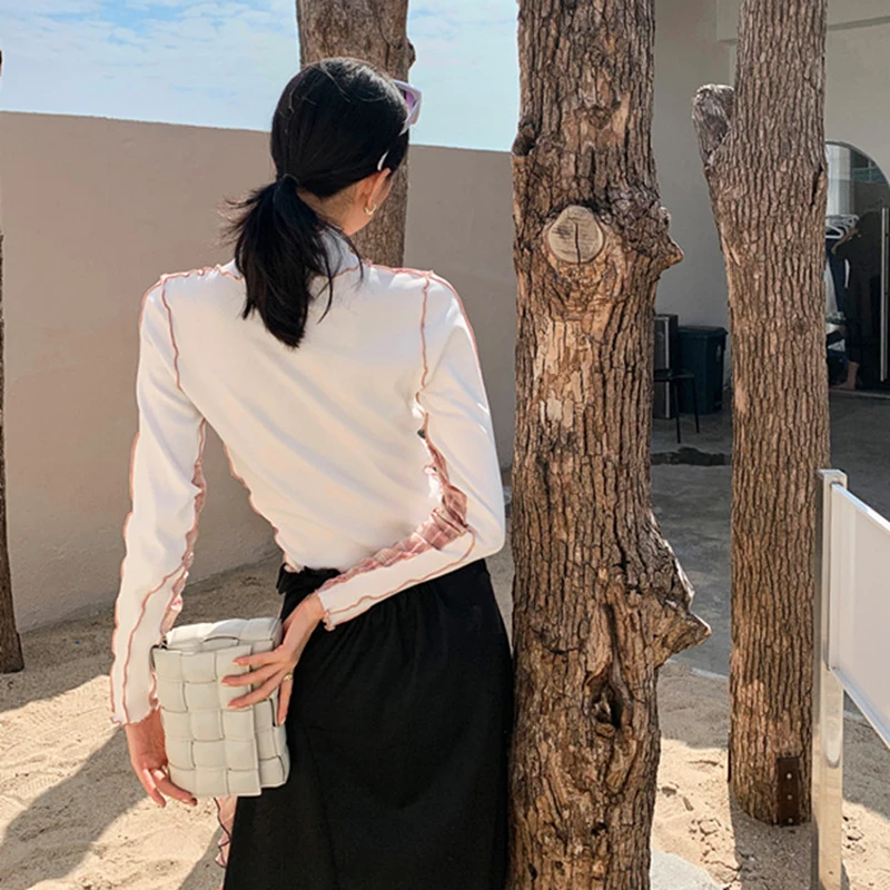 

GALCAUR Black Patchwork Casual Shirts For Women Stand Collar Long Sleeve Hit Color Slim Blouses Female Fashion Clothing 2021 New