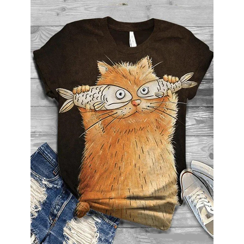 Женская футболка с принтом мультяшного кота Повседневная Базовая рубашка
