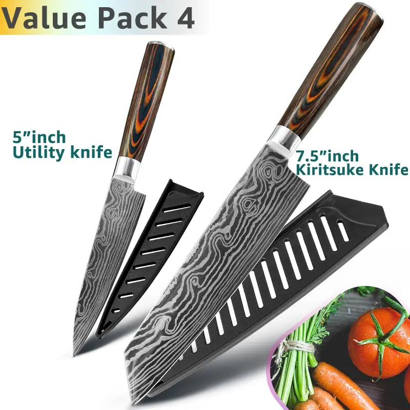 Value Pack 4 Набор кухонных ножей поварские ножи 7CR17 440C из высокоуглеродистой нержавеющей стали дамасский нож для нарезки мяса сантоку набор из 5 предметов - Цвет: Value Pack 4