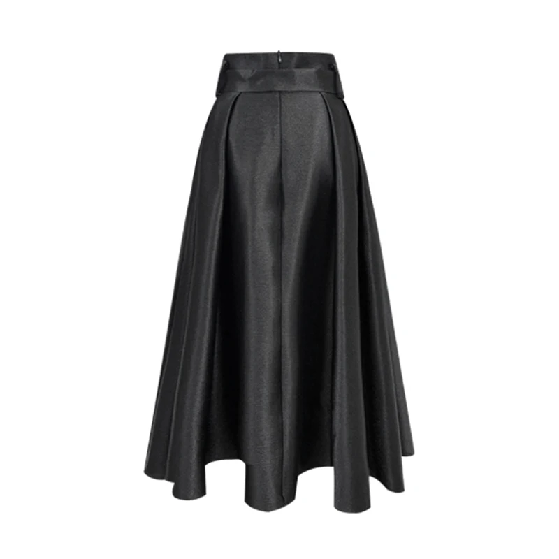 

VGH Black Elegant Minimalist Skirt For Women High Waist Sashes Slim A Line Pleated Midi Skirts Female 2021 Summer Korean Fashion