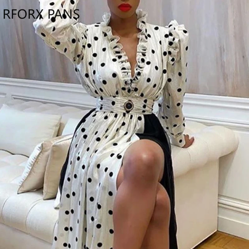 Сетчатое вечерние макси в горошек с оборками и V-образным вырезом | Женская одежда