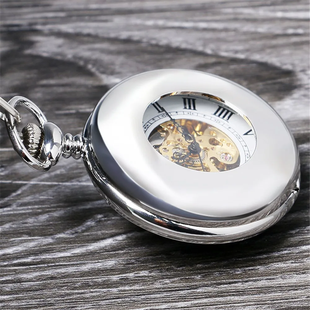 Roman Numerals Mechanical Pocket Watch Silver Smooth Cover Pendant Clock Male Antique Hand Winding Pocket Timepiece with Chain