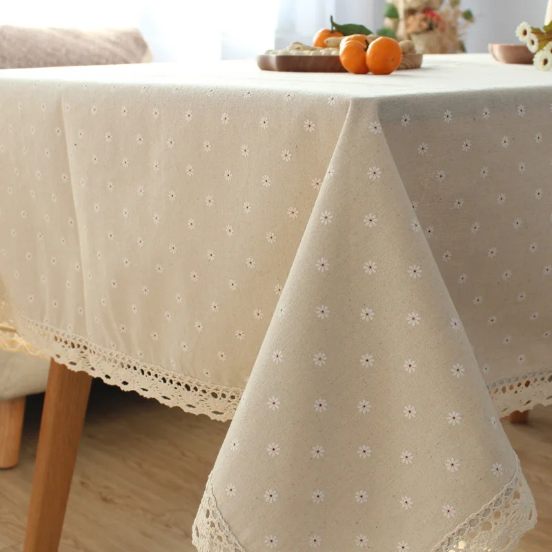 

Daisy Linen Cotton Tablecloth Farmhouse Style Rectangular Dining Tea Table Decoration Hotel Picnic Table Cover Fabric With Lace