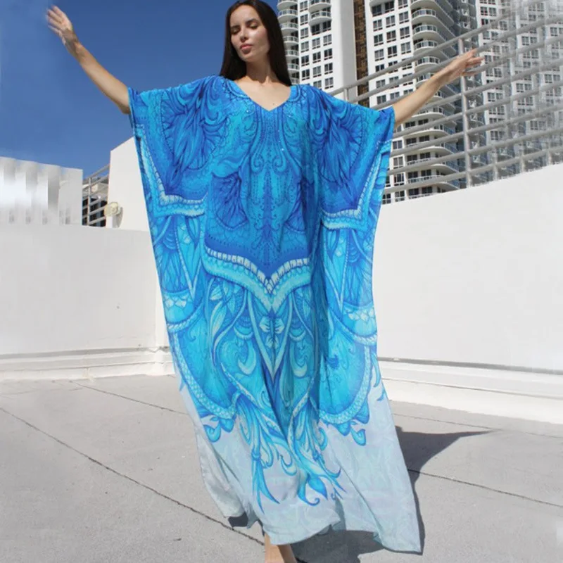 2021 Fashion Positioning Print Flower Swimwear Sky Blue Rayon Oversized Sunscreen Bikini Cover Up Vacation Ladies Long Dress