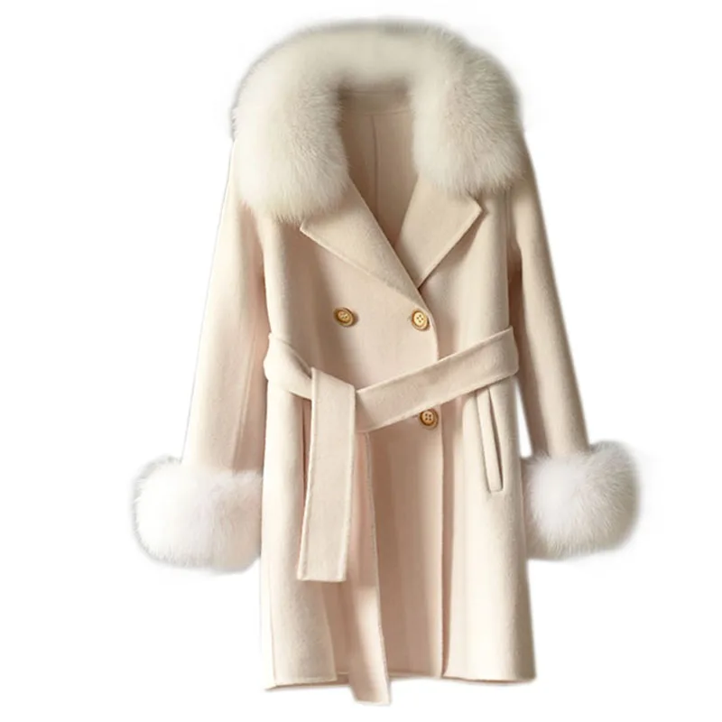 

Coats Woman Winter 2021 Fashion Double Breasted Midi Lace Up Natural Wool Jacket Real Fox Fur Collar Outerwear