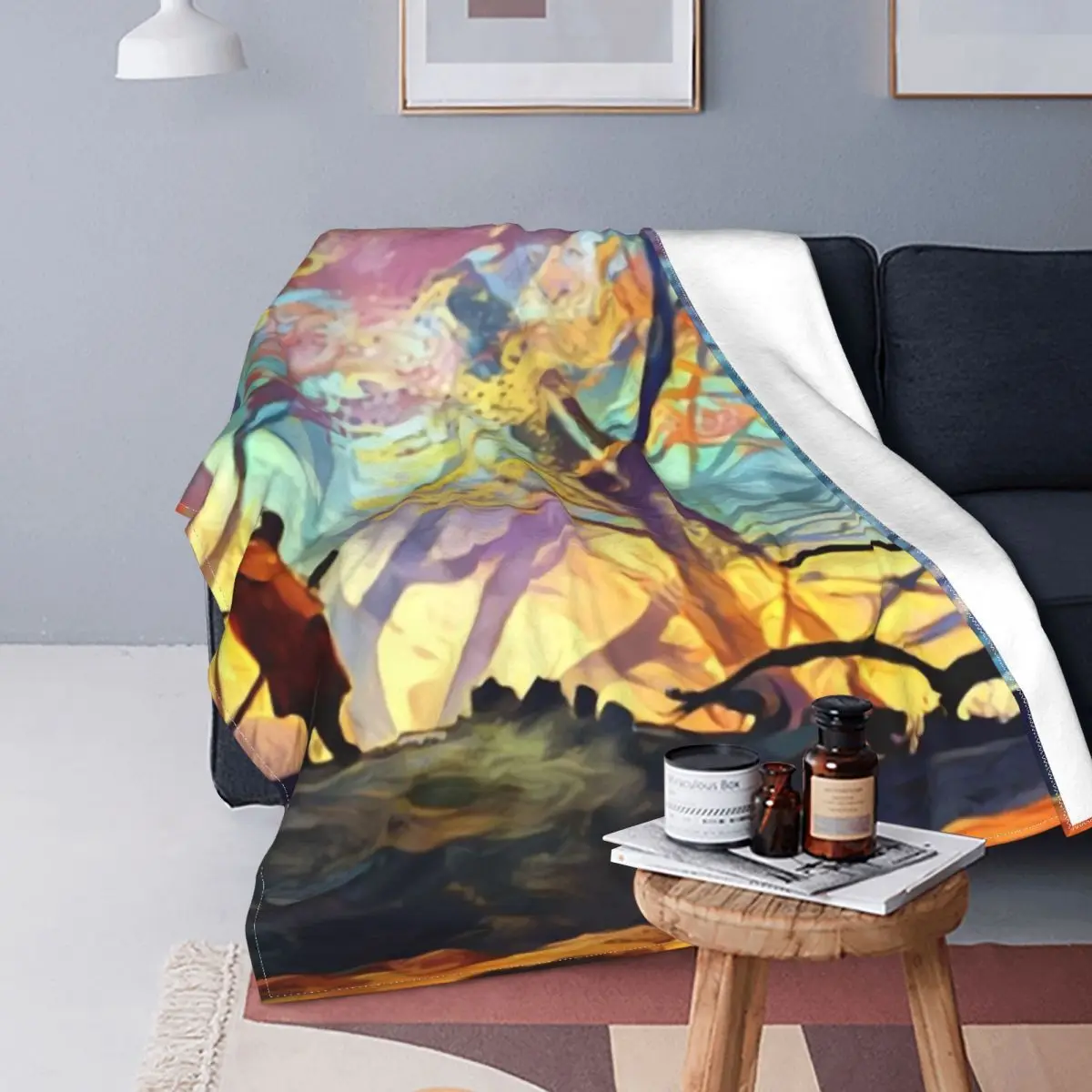 

Lobo en el bosque colorido manta colcha cama A cuadros Toalla de playa Manta con capucha ropa de cama y fundas