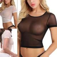Summer Women Sheer Top Sexy Mesh Transparent T-shirt Solid Color Tight Aesthetic See Through Ladies Temptation Elastic Soft Tops 1