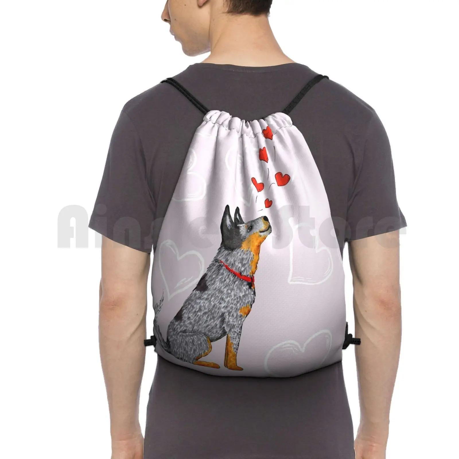 

Australian Cattle Dog , Blue Heeler ( Floating Hearts ) , By Artwork By Ak Backpack Drawstring Bag Riding Climbing Gym Bag