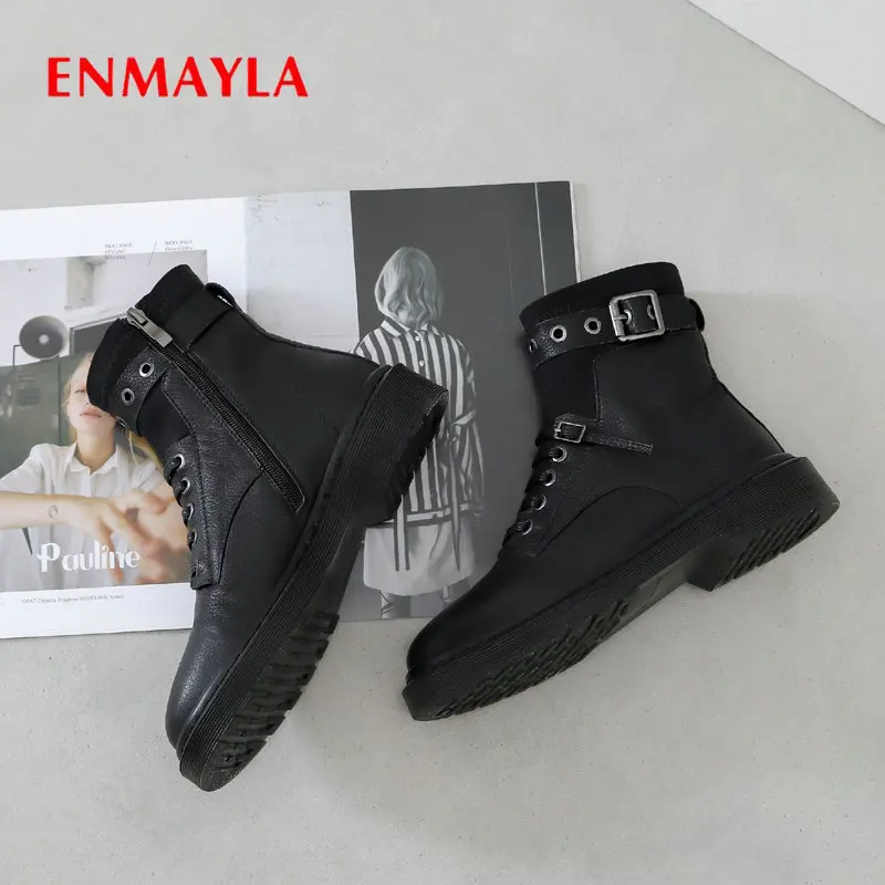 

Женские ботинки на шнуровке ENMAYLA, зимние мотоциклетные ботильоны из натуральной кожи с круглым носком и квадратным каблуком, размеры 34-42, 2019