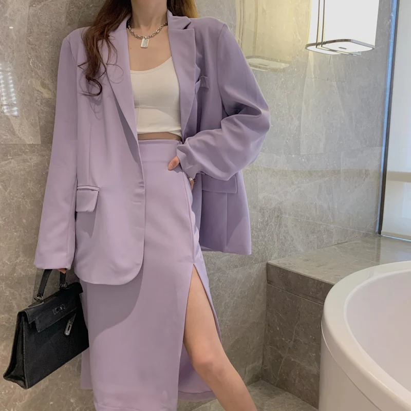 

Women Purple Causal Elegant Single-breasted Blazer Jacket & Split Pencil Skirts 2021 Spring Summer Office Lady Business Outfits