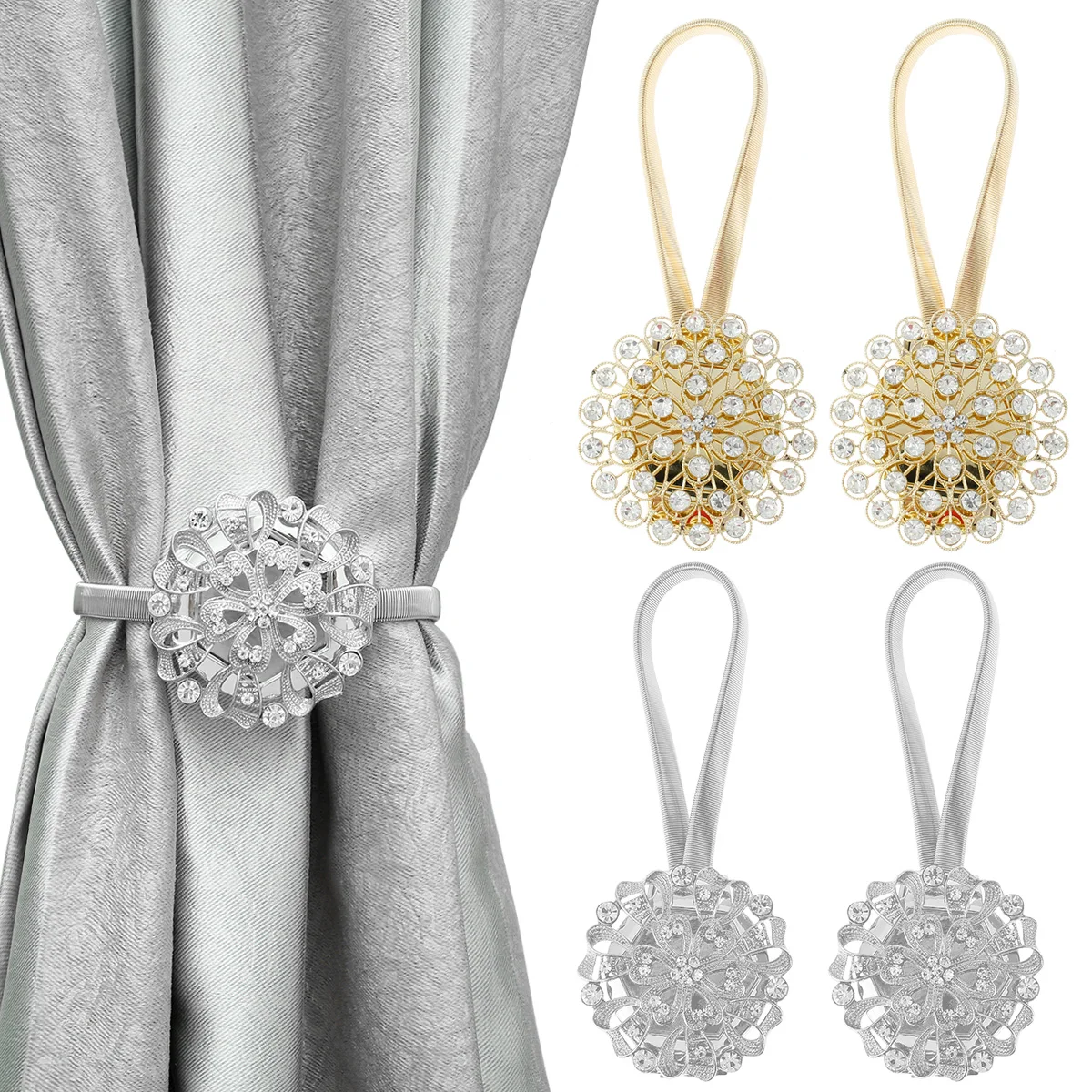 

2pcs Crystal Curtain Tiebacks Spring Curtain Buckle Peacock Flowers Design Magnetic Curtain Clip Hanging Curtain Accessories