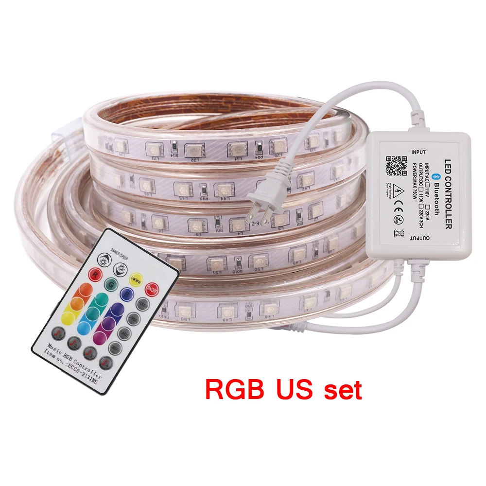 RGB US set Светодиодный светильник с музыкальной RGB полоской 5050 SMD 220V 110V AC 60 светодиодный 120 светодиодный водонепроницаемый гибкий светильник для украшения дома 24key пульт дистанционного управления - Испускаемый цвет: RGB US set
