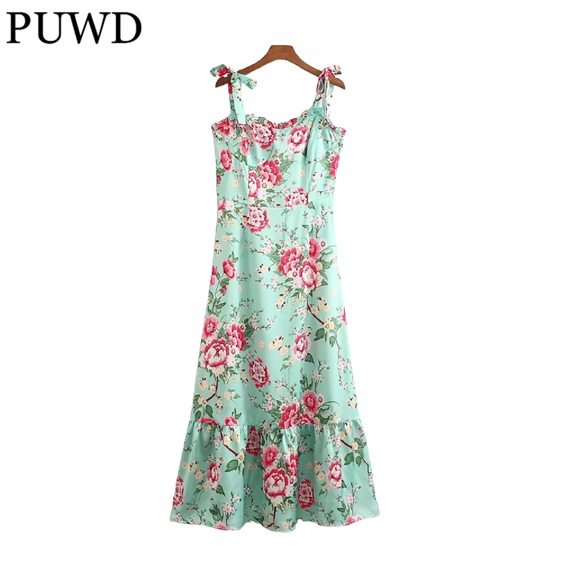

PUWD Flower Print Dress Women Sleeveless Casual 2022 Spring Fashion Ladies Elegant Dresses Female Midi Dress Backless