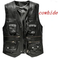 2020 cowhide genuine leather vest men brown waistcoat male sleeveless jacket thick motorcycle plus size vest multi pocket zipper