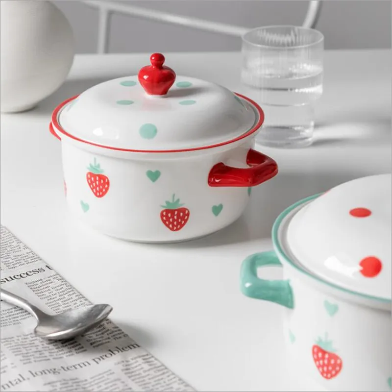 Ceramic Tableware Strawberry Pattern Dish Plate Western Food Household Pasta Dessert Soup Bowl with Handle | Дом и сад