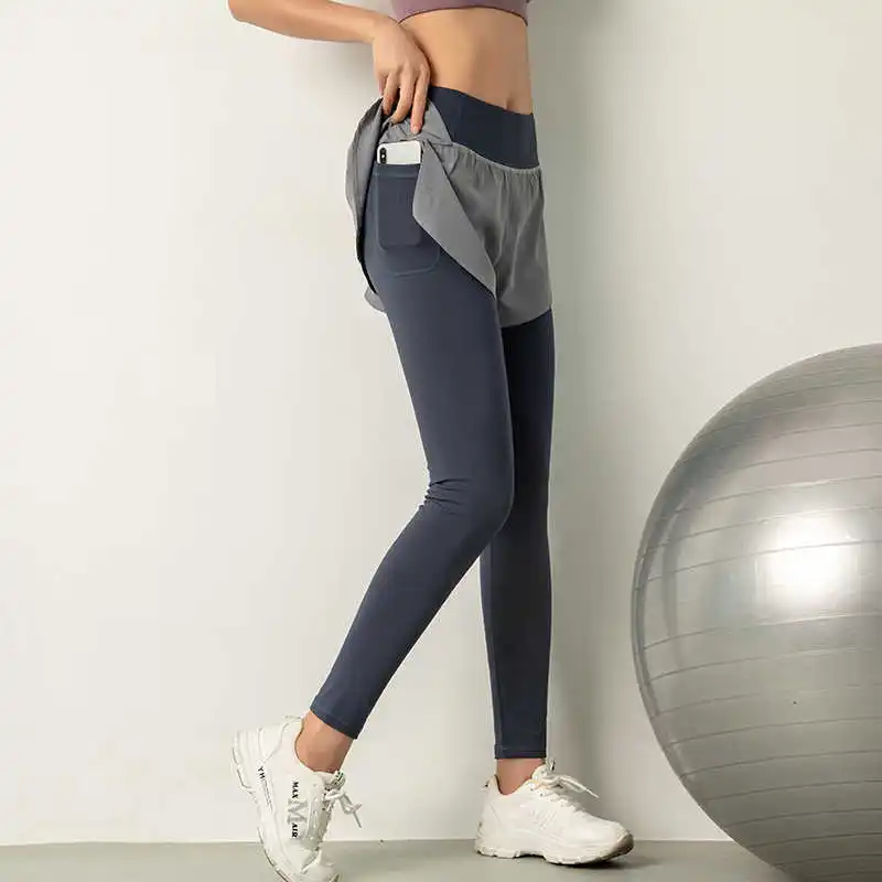 

Европейские и американские поддельные брюки из двух частей с высокой талией для фитнеса женские весенне-осенние облегающие высокоэластичн...