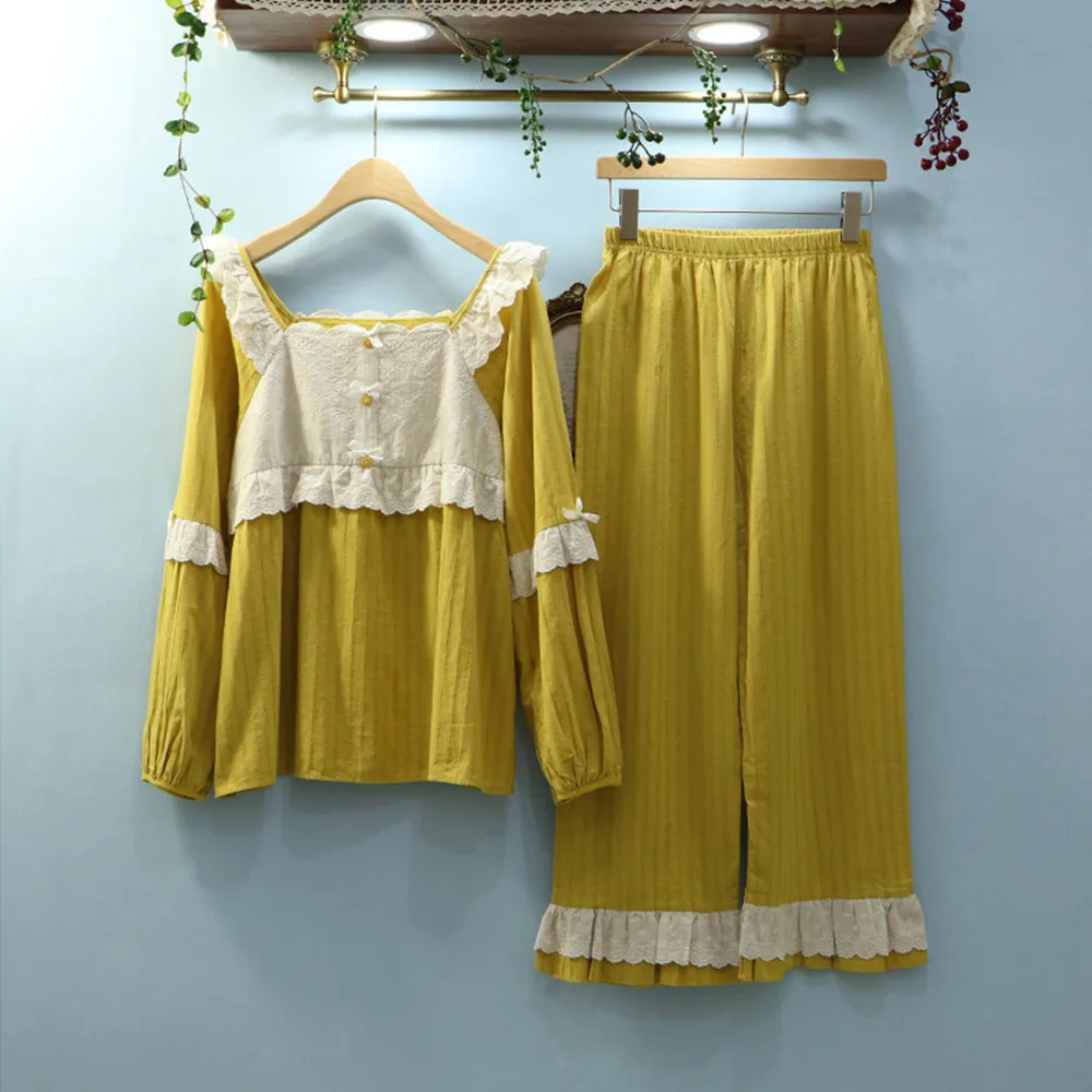 

Fdfklak New Pure Cotton 2PCS Pajama Sets 2021 Spring Autumn High Quality Femme Loose Nightwear Suit Female Casual Homewear