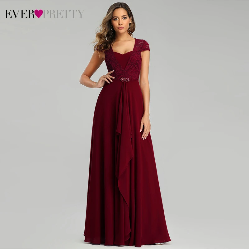 

Burgundy Lace Evening Dresses Ever Pretty A-Line Beaded Square Collar Cap Sleeve Ruched Elegant Evening Gowns Robe De Soiree