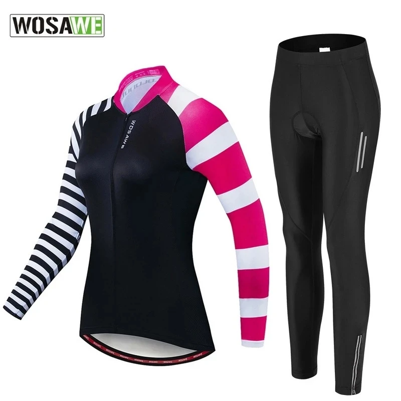 

WOSAWE Spring Autumn Woman Cycling Sets Jersey Long Strips Shirt with 3D Breathable Gel Pad Maillot Pants Cycling Clothing Set