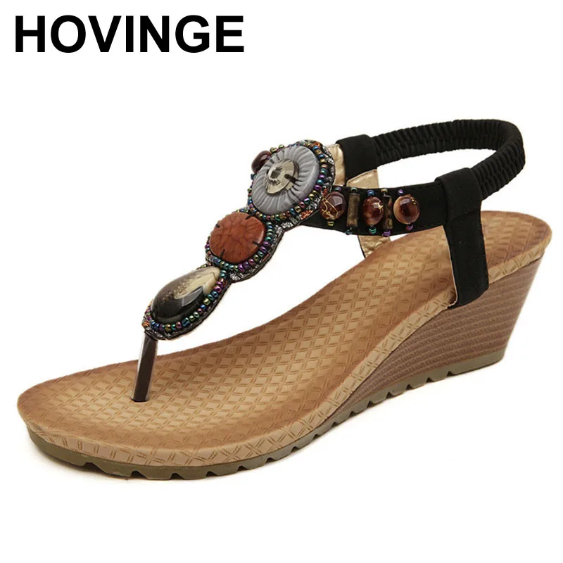 

Женские босоножки на танкетке HOVINGE, летние пляжные шлепанцы в богемном стиле, с бусинами