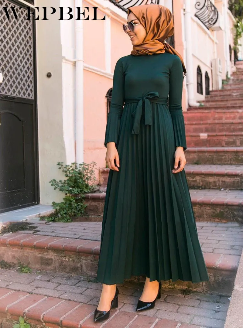 

WEPBEL Women's Elegant Muslim High Waist Maxi Dresses Long Flare Sleeve Dress Abaya Koran Muslim Kaftan Long Dress