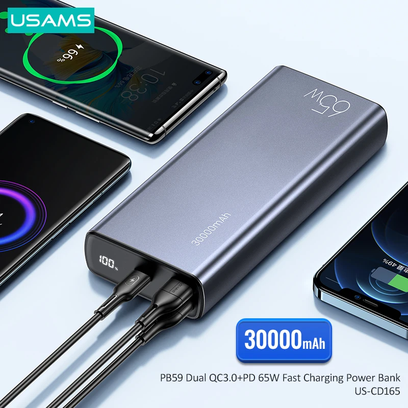 usams 30000mah 65w pd qc fcp afc fast charging power bank with 100w usb c cable for iphone huawei xiaomi tablet laptop battery free global shipping