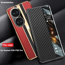 for Huawei P50 Pro Phone Case Mate 30 40 Pro RS E Gunine Leather Carbon Fiber Luxury Lens Protaction Smart View Flip Cover Funda