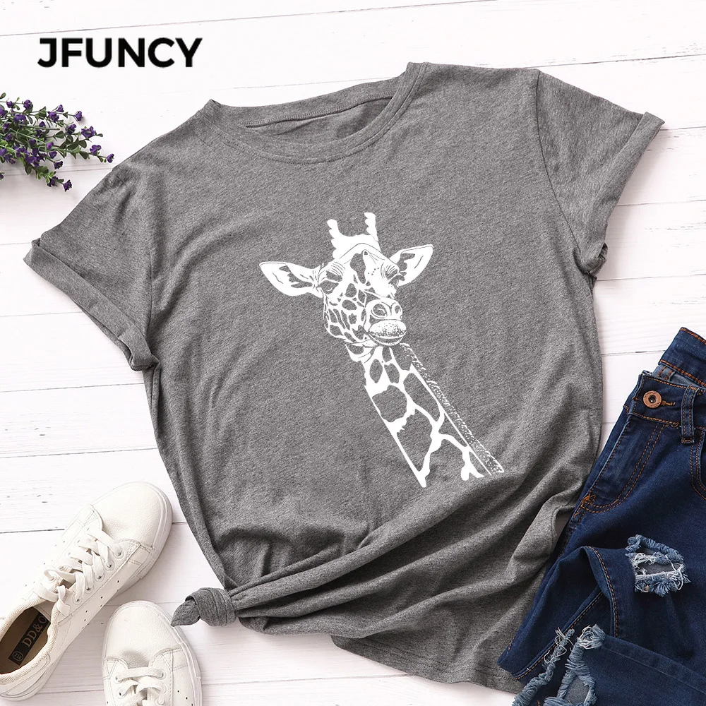 JFUNCY  Women T Shirt New Giraffe Print T-shirts Female Short Sleeve Cotton Tees Tops Woman Summer Tshirt