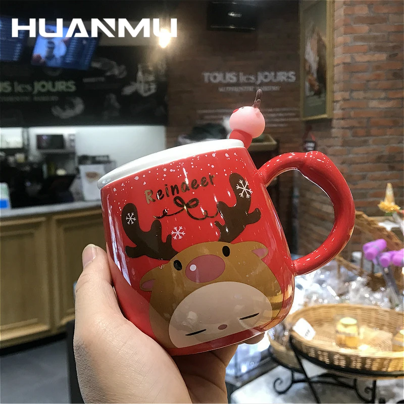

360ML Christmas Ceramic Mug Cute Elk Gift With Lid Cover Spoon Creative Student Milk Coffee Cups Tea Teacup Water Mugs кружка
