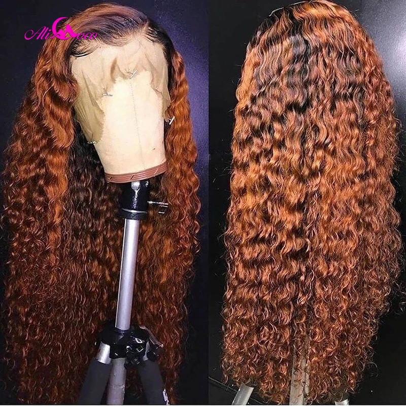 Али Коко прозрачный оранжевый имбирь глубокая волна человеческие волосы кружева