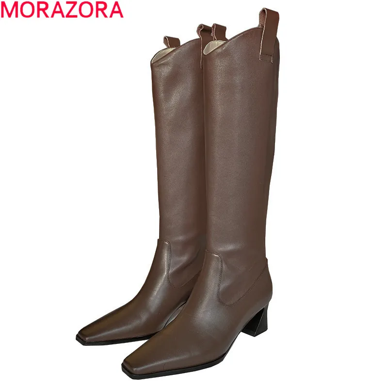 Женские сапоги на толстом каблуке MORAZORA черные до колена из натуральной кожи с
