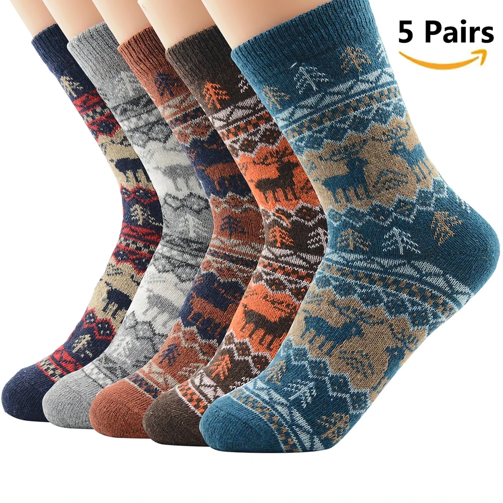 5 Pairs E Мужские носки, шерсть, хлопок, повседневные, высокое качество, бриллиантовый узор, мужские носки, зимние, толстые, теплые, 5 пар, счастливые, дышащие мужские носки - Цвет: 5 Pairs E