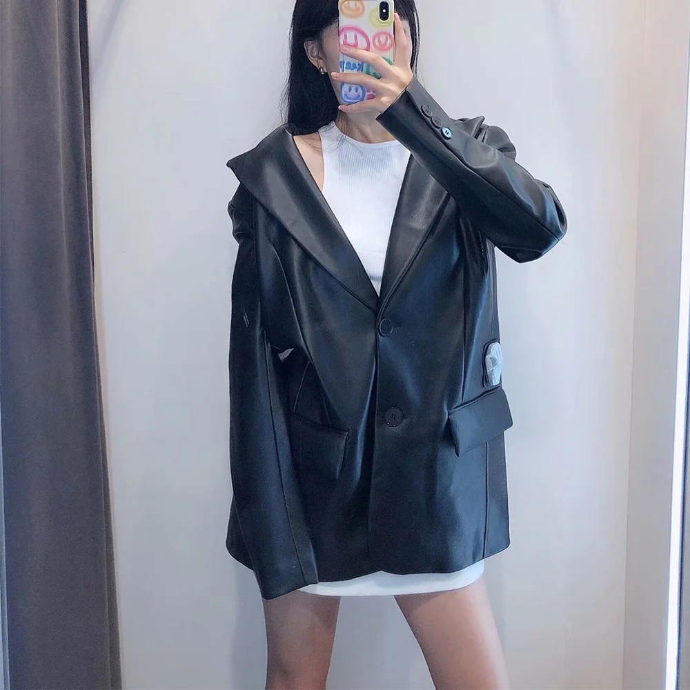 

New Women's Coat black solid PU button pocket long sleeve V-Neck Coats female fashion casual women clothes