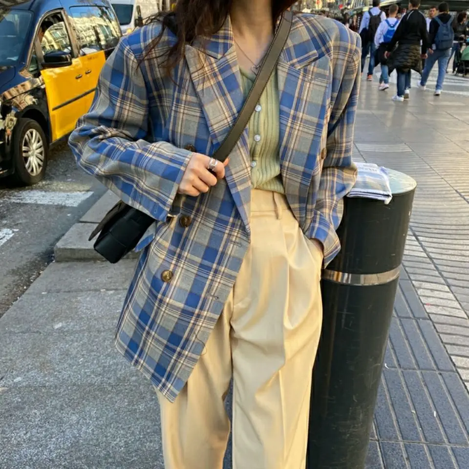

Vintage Loose Women Plaid Blazer 2021 Autumn Chic Double Breasted Female Long Sleeve Suit Jackets Stylish Ladies Blazer
