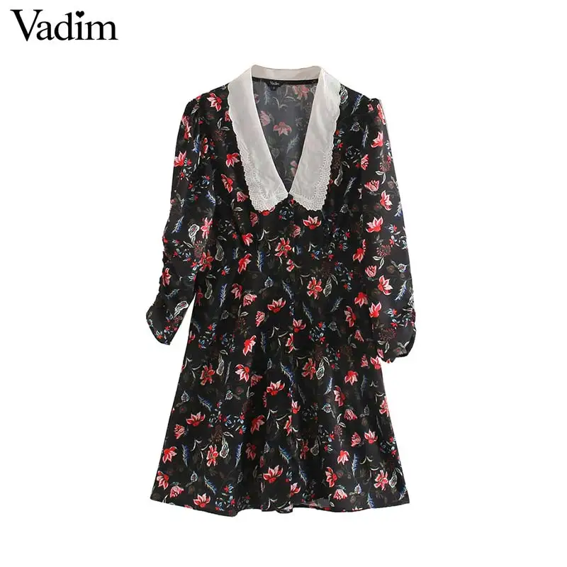 Vadim милый Женский мини-платье с цветочным рисунком вышитый воротник рукав три